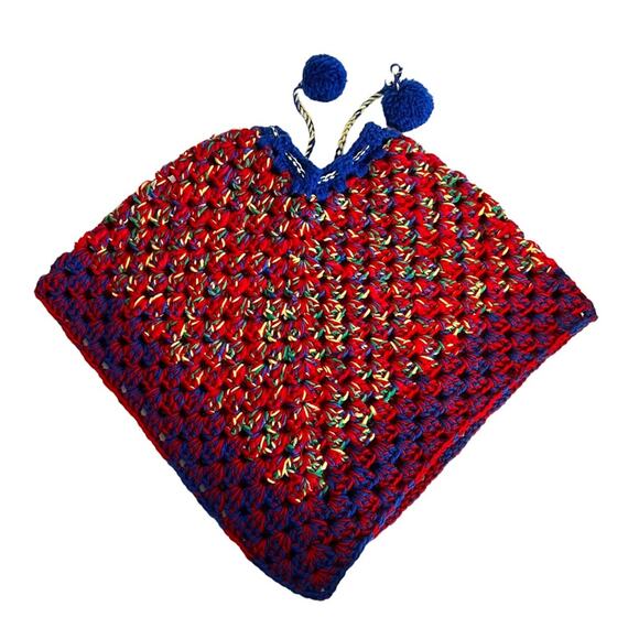 Handmade Vintage Poncho Kids Poncho Cape Drawstring Pom Pom Heavyweight Shawl - Picture 11 of 11